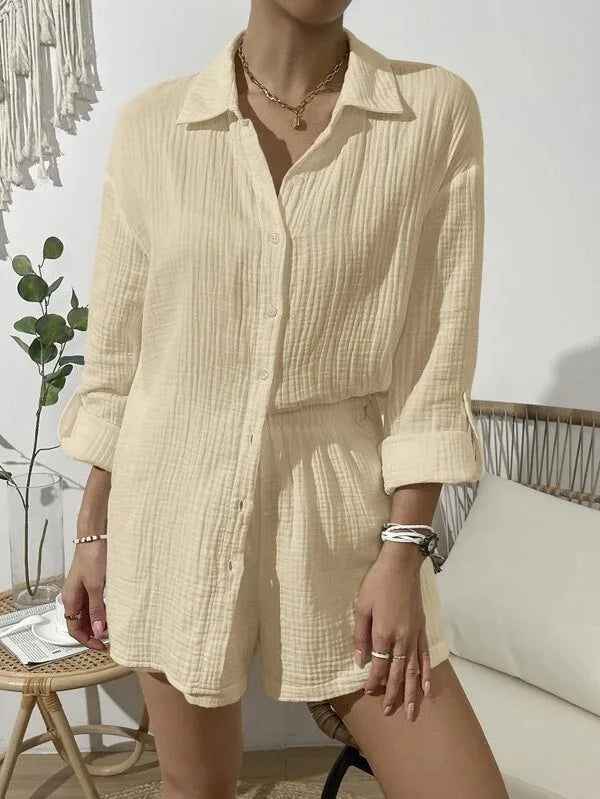 100% Cotton Gauze Muslin Sets For Women 2 Pieces Long Sleeve Shirts And Loose High Waist Mini Shorts Sets Ensemble Femme