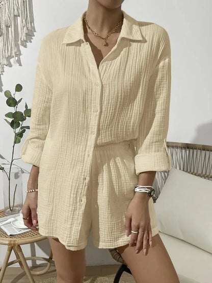 100% Cotton Gauze Muslin Sets For Women 2 Pieces Long Sleeve Shirts And Loose High Waist Mini Shorts Sets Ensemble Femme