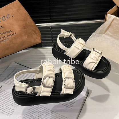 Designer's One Word Buckle Thick Bottom Women's Sandals Luxury Women's Shoes Round Head Fish Mouth Shoes Sponge Bottom Sandals