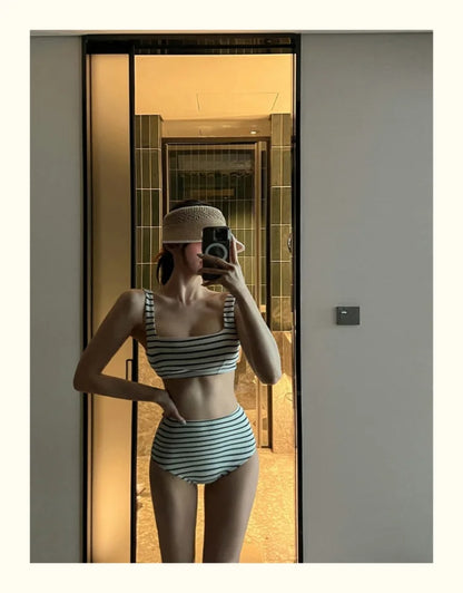 Korean Style Summer Stripe Women High Waisted Swimwear Female Push Up Swimsuit 2024 Swimming Bathing Suit Bikini Set Beach Wear