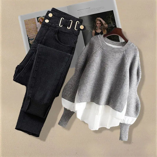 2026 Spring Autumn New Vintage Jeans Matching Set Women's Korean Elegant Fake Two Piece Knit Sweater+High Waist Denim Pants Suit