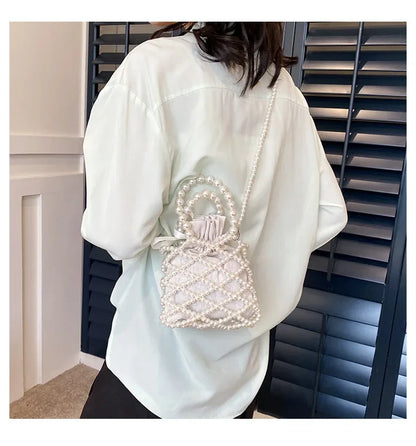 Women Pearl Bag Small Mini Tote Bucket Bag Woven Crossbody Hand Bags for Women Coin Purse Wallet Handbag Ladies Shoulder Bags