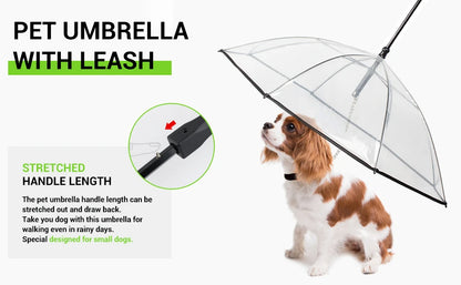 ATUBAN Dog Umbrella with Leash for Small Pets, Umbrella for Dogs Fits 20” Back Length Pets,J-Shape Handle,Clear Umbrella Surface