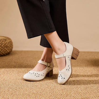 DIMANYU Women Floral Hollow Mary Jane Shoes Genuine Leather Mid Heel Summer Comfort Mother Shoes Ladies Dress Sandals