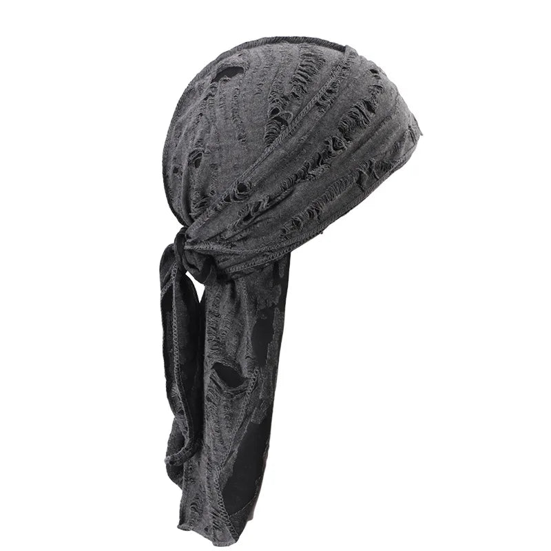 Men's Distressed Street Pirate Style Durag Head Wrap,Breathable Casual Streetwear Bandana with Double Long Tail Strap Pirate Hat