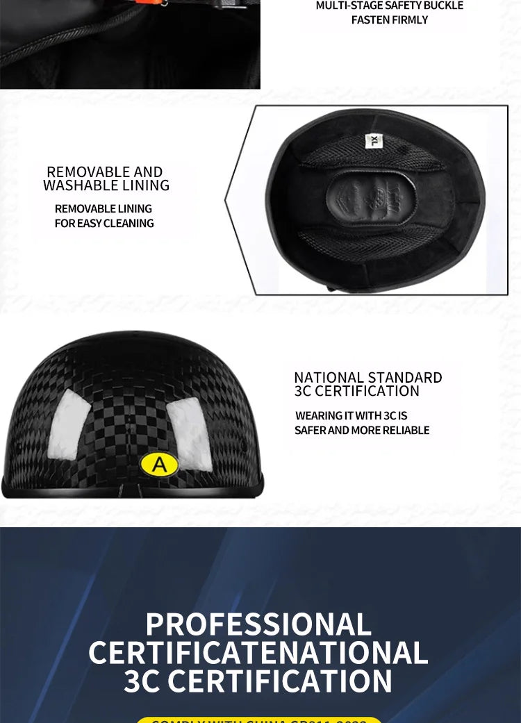    Best Seller Carbon Fiber Retro Motorcycle Half Face Helmet with Comfortable Lining Protective Goggles Helmet Factory Wholesale