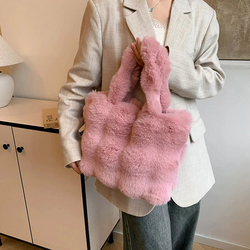 Women's Fluffy Plush Shoulder Bag Autumn Winter Top-Handle Solid Color Tote Versatile Commuter Handbag for Girls