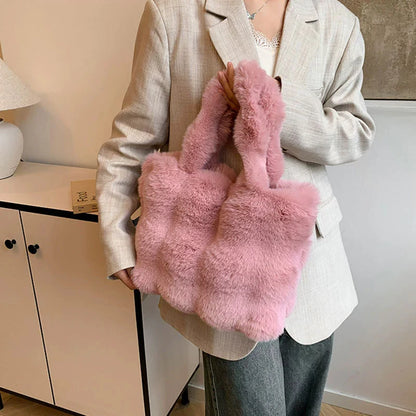Women's Fluffy Plush Shoulder Bag Autumn Winter Top-Handle Solid Color Tote Versatile Commuter Handbag for Girls