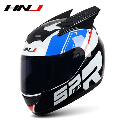 HNJ Men Motorcycle Helmet Women Full Face Helmet Riding Personality Horn Pink Helmet DOT Certification casco moto