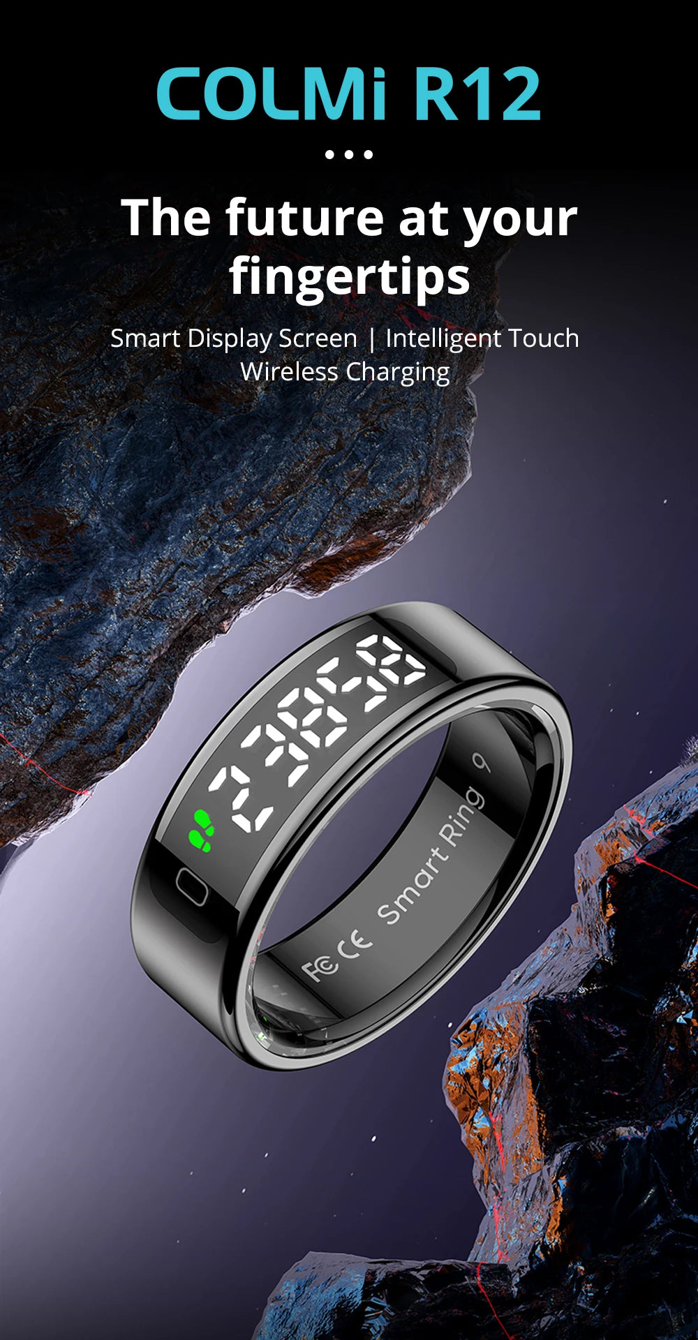2026 COLMI R12 Smart Ring with Display Screen and Touch, Wireless Charging, Health Manager, 5 ATM Waterproof For Men Women