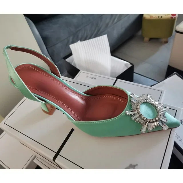 Brand Women Pumps Luxury Crystal Slingback High Heels Summer Bride Shoes Comfortable Triangle Heeled Party Wedding Shoes
