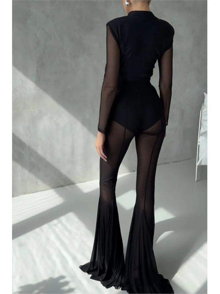 Sexy Sheer Flare Pants For Women Fashion Solid High Waist Long Pants Lady Casual Holiday Streetwear Women's Clothing New 2025