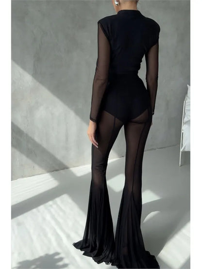 Sexy Sheer Flare Pants For Women Fashion Solid High Waist Long Pants Lady Casual Holiday Streetwear Women's Clothing New 2025