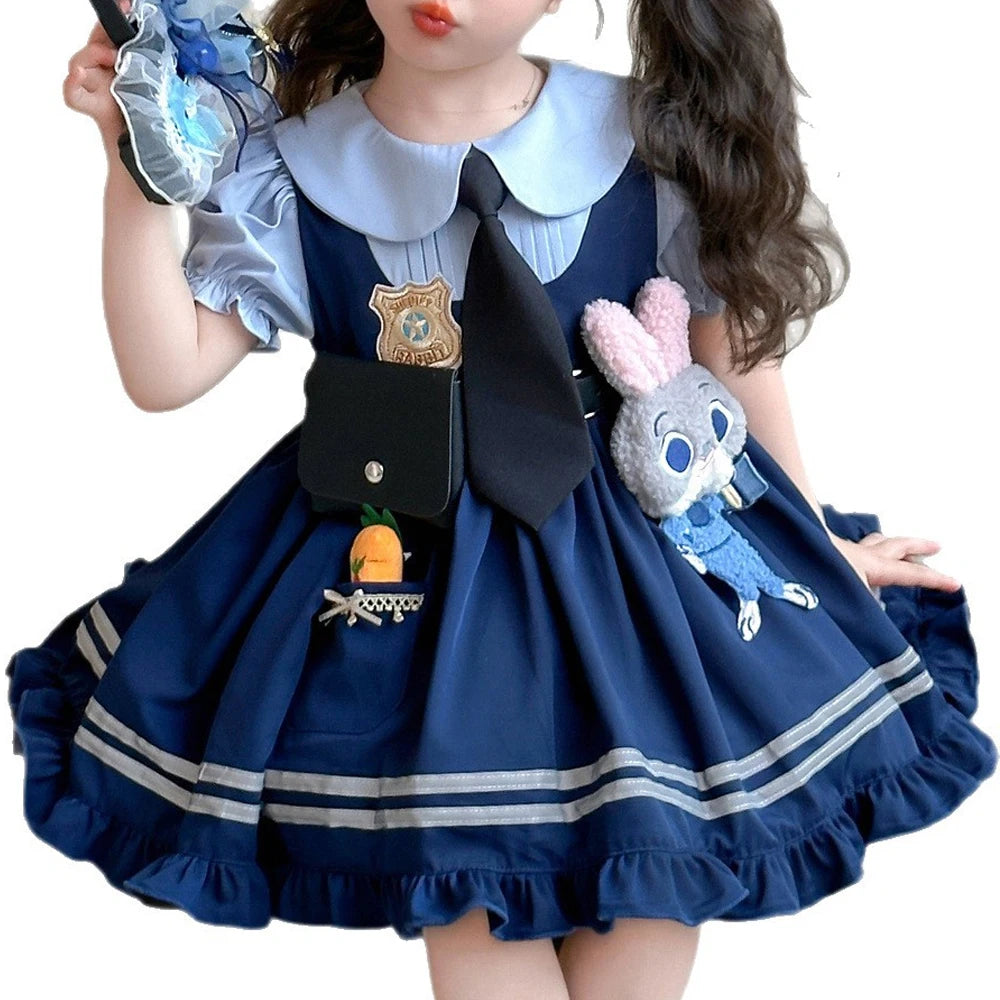 Judy Officer Costumes Short-Sleeved Lolita Dress Girls Halloween Carnival Cosplay Rabbit Fancy Dress Birthday Gift for Girls