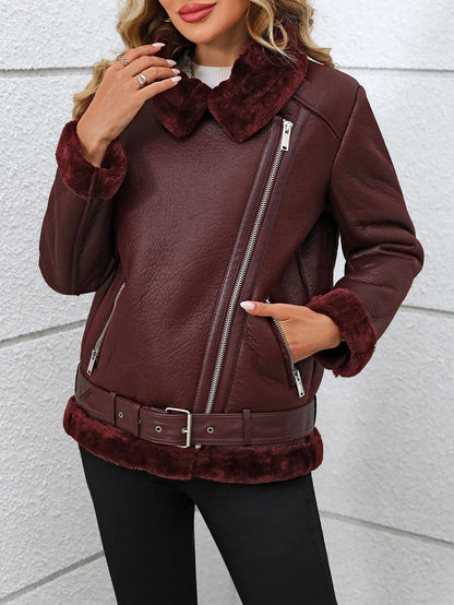 Fitaylor Winter Women Faux Fur Leather Jacket Casual Lady Thick Warm Leather Coat High Street Motorcycle Outwear