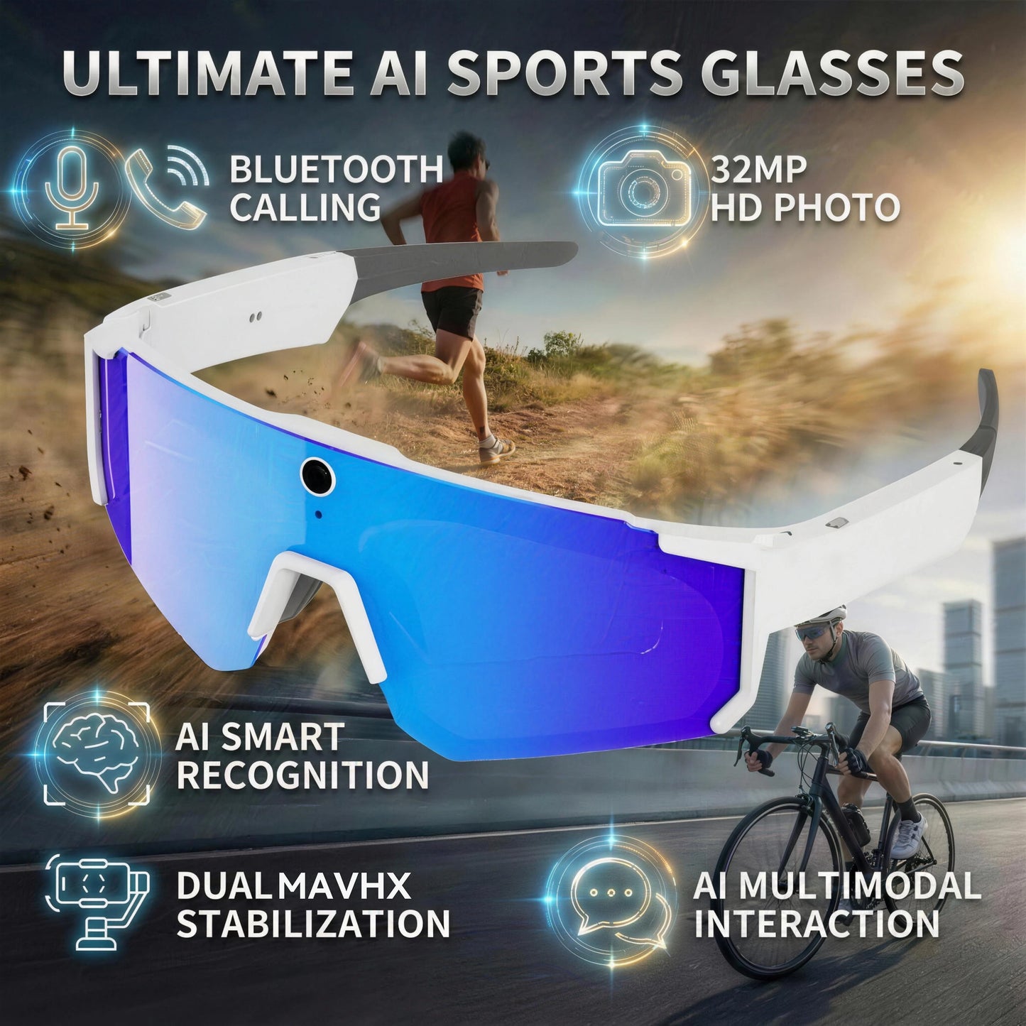 Smart Video Sunglasses 1200P 30fps Action Camera 32GB WiFi App Transfer Dual Anti-Shake AI Object Identify Fast Charge Glasses