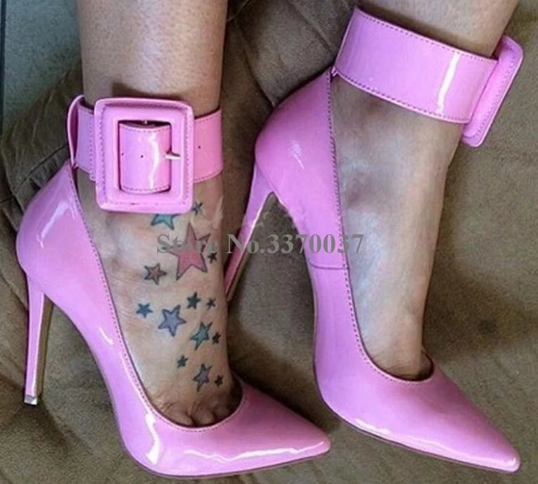 Ladies Charming Pink Patent Leather Pointed Toe Ankle Wrap Pumps Buckle Design Classical Style High Heels Formal Dress Shoes