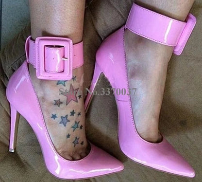 Ladies Charming Pink Patent Leather Pointed Toe Ankle Wrap Pumps Buckle Design Classical Style High Heels Formal Dress Shoes