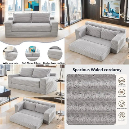2 in 1 Convertible 56 Corduroy Cloud Loveseat Sofa, Memory Foam Couch in a Box, Easy Assembly for Small Spaces, Suitable for Hom
