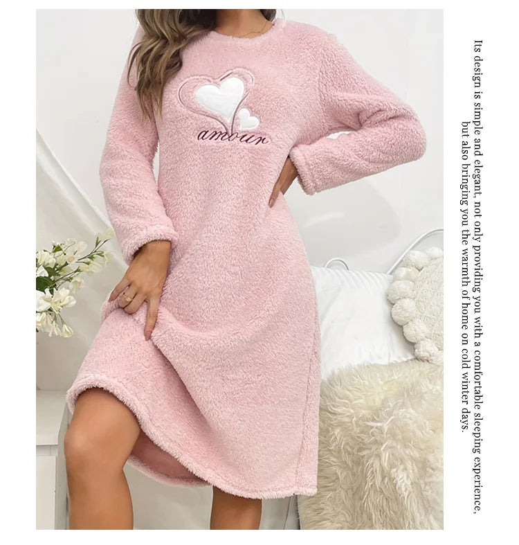 Women Nightgown Nightdress Winter Plush Sleepwear Dress Soft Comfort Long Sleeve Pajama Thicken Flannel Nightwear Home Clothing