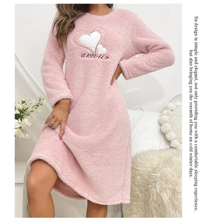 Women Nightgown Nightdress Winter Plush Sleepwear Dress Soft Comfort Long Sleeve Pajama Thicken Flannel Nightwear Home Clothing