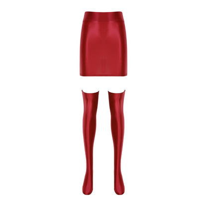 Womens Glossy Nightclub Outfit Shiny High Waist Mini Skirt with Stockings Set Rave Party Cheer Booty Workout Pole Dance Clubwear