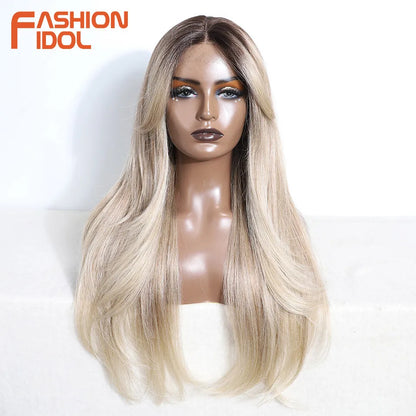FASHION IDOL 26 Inch Long Straight Lace Front Wig With Bangs Synthetic Hair Ombre Black Blonde Highlight Cosplay Wigs For Women