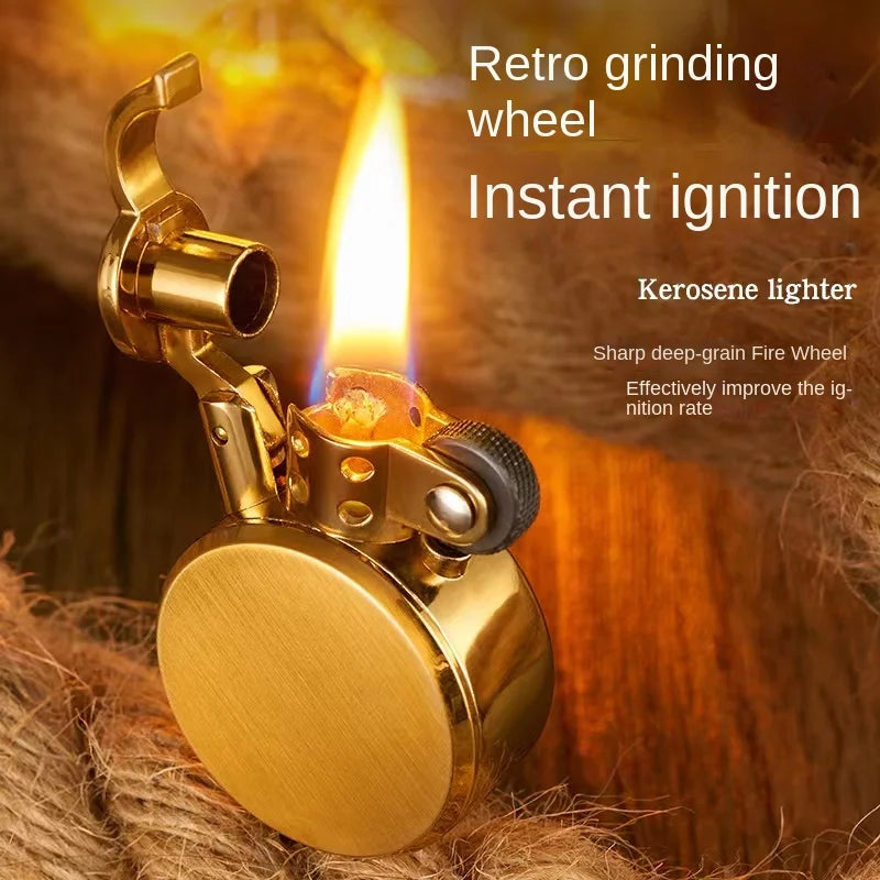 New Retro Round Kero sene Lighter Creative Metal Windproof Flame Lighter Gold and Silver Oil Lighter Smoking Accessories Tool