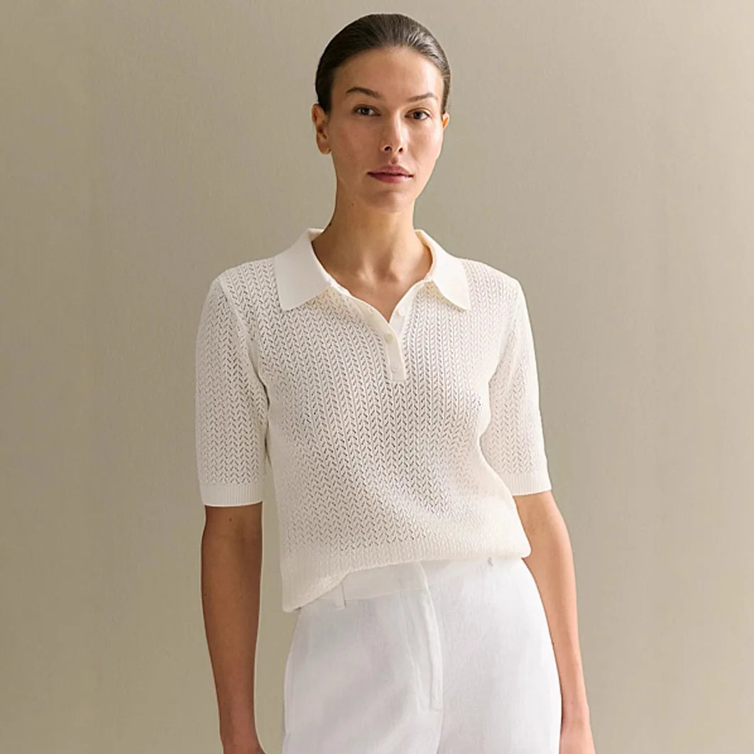 Typhaland Hollow Knitted T shirt Woman 2026 Summer New Short Sleeve Casual Loose Lapel Ins Hot Tops Lady Sweater T shirt Solid
