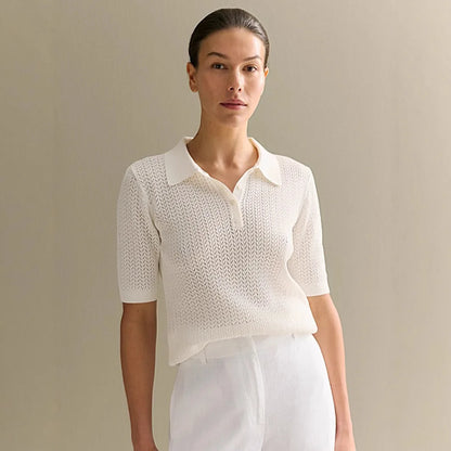 Typhaland Hollow Knitted T shirt Woman 2026 Summer New Short Sleeve Casual Loose Lapel Ins Hot Tops Lady Sweater T shirt Solid