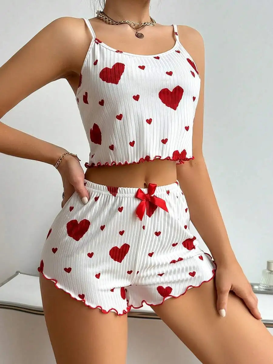 2 Pcs Women's Pajamas Set,Casual Sleepwear Printed Shorts Tank Tops And Shorts White Ventilate Soft Casual Love Printing Suits
