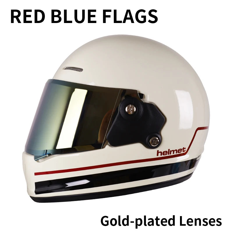 Retro-style full-face helmet with multi-color lenses, ABS material, DOT certified, suitable for all seasons