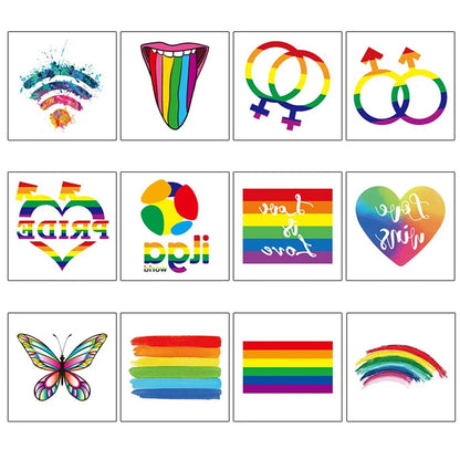 12Pcs Rainbow Temporary Tattoo Waterproof Body Art Butterfly Flower Arm Fake Tattoo Facial Stickers for Pride Festivals