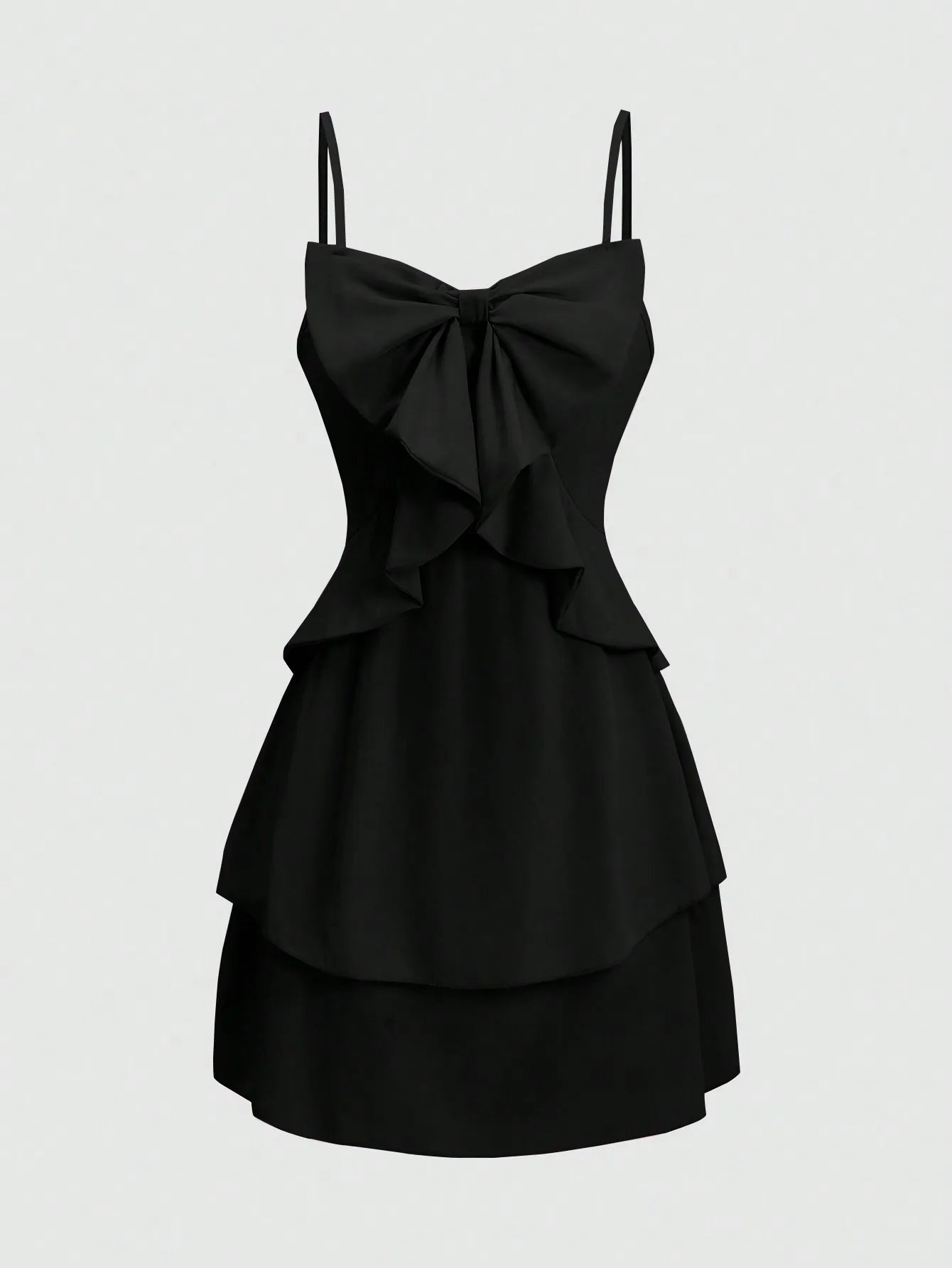 Fashionable women's waist cinched three-layer ruffle edge bow suspender dress