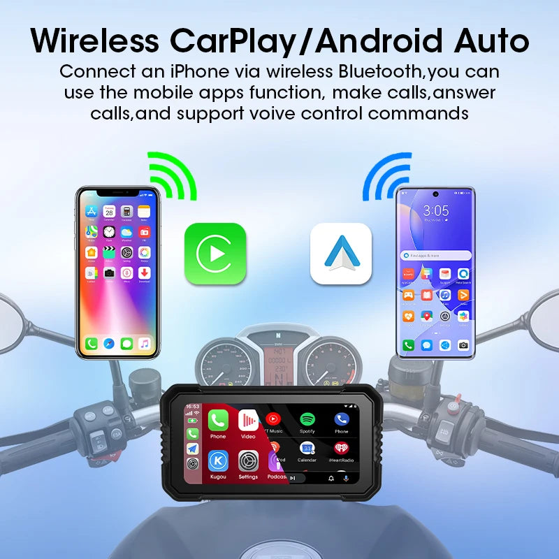 JMCQ Portable 6.25 inch Motorcycle GPS Navigation IPX7 Waterproof Wireless CarPlay Android Auto Drive Recorder Support 4K DVR