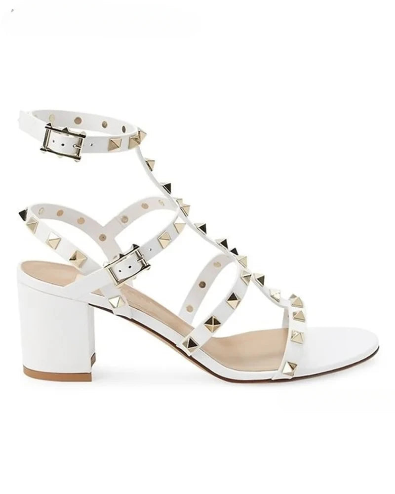 Rockstud Open Toe Block Heel Sandals Luxury Designer Ankle Straps Chunky Heels Women Summer Colorful Leather Pumps Dress Shoes