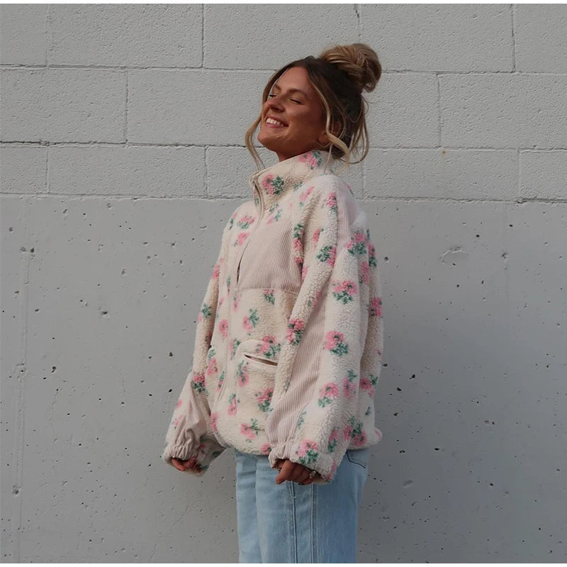 Fashion Lambswool Women's Coats Patchwork Long Sleeve Zipper Pocket Female Parka Jacket 2025 Autumn New Arrival Lady Outerwear