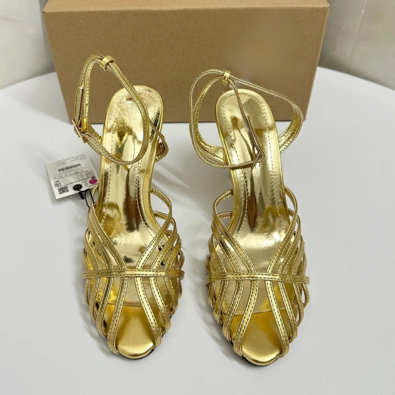 Women's Gold Roman Gladiator Sandals High Heels Stiletto Open Toe Ankle Strap Sexy Luxury Wedding Party Evening Dress Shoes