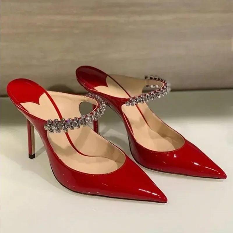 2025 New Fashionable Fine Heeled Muller Shoes with Pointed Water Diamond Chain Banquet Shallow Mouth Women's High Heel Sandals