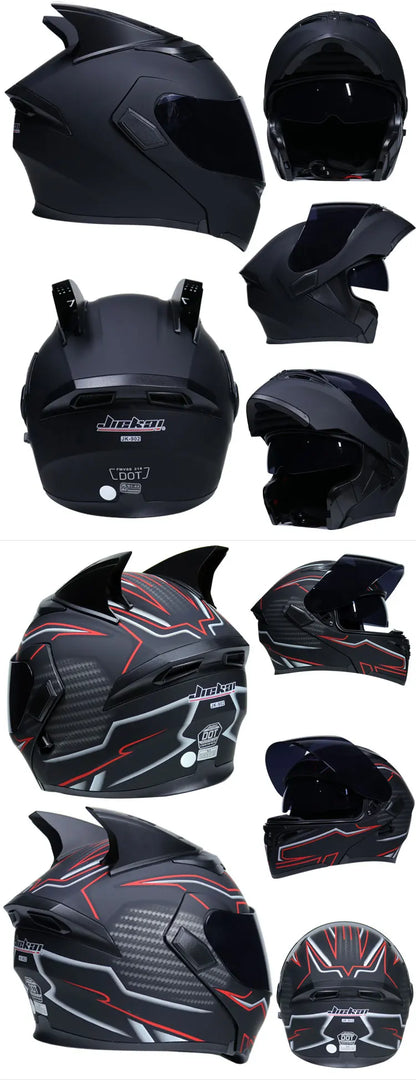JIEKAI Motorcycle Flip Up Helmet Personality Horn Tail Motorbike Motocross Shark Moto Helmet Technology Design Full Face Casco