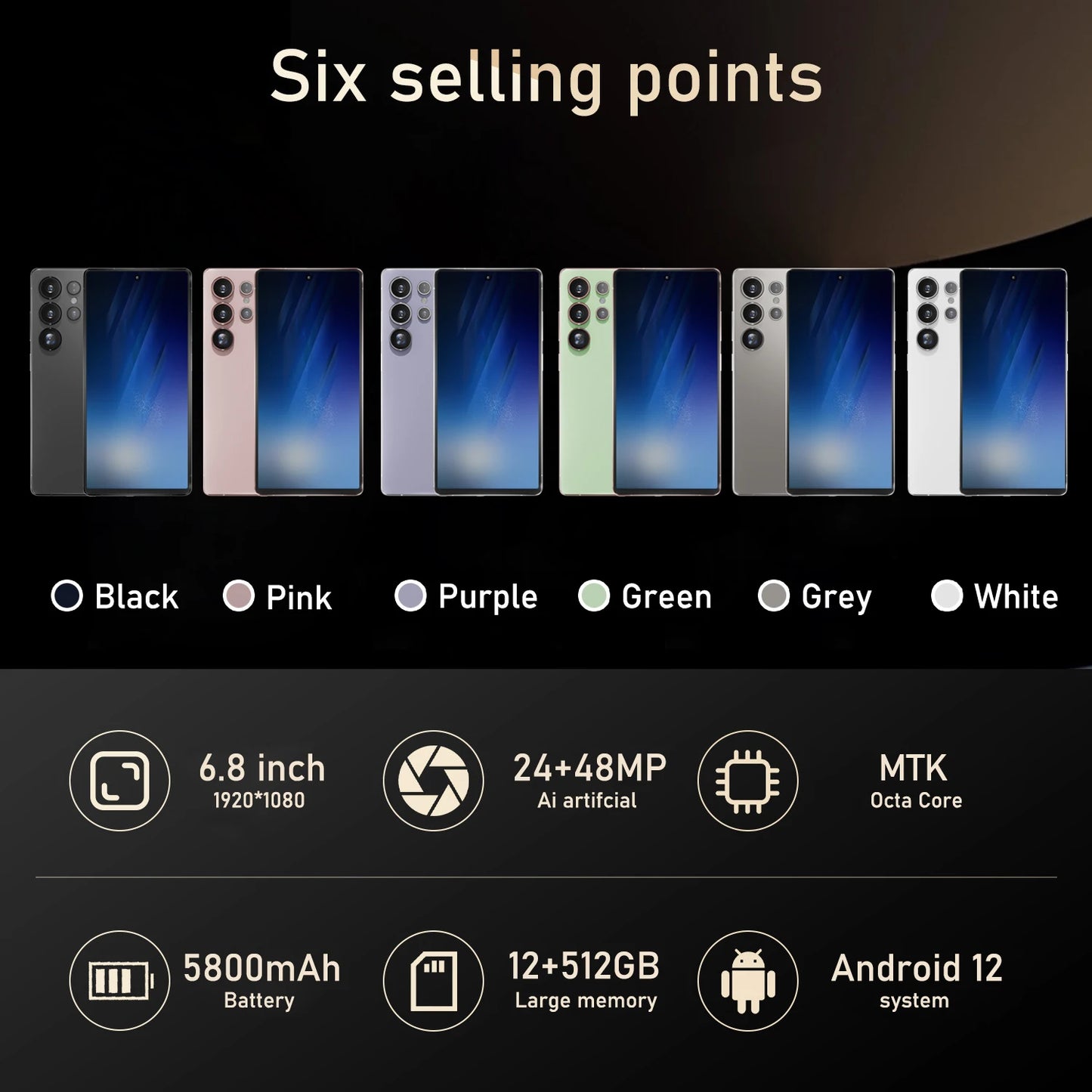FUFFI Global Vision S26 Pro Smartphone Android 8GB RAM 512GB ROM 6.8 Inch Phone 1920x1080HD 24MP+48MP 5G Network Mobile Phones