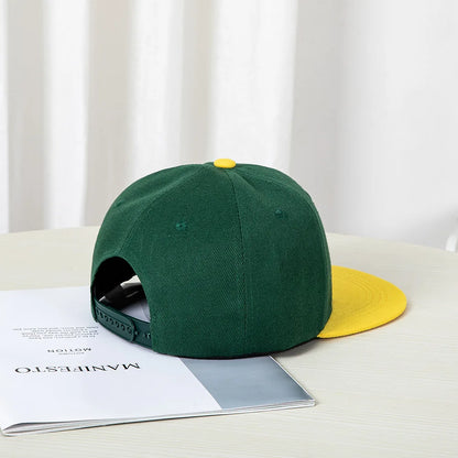 Hip-hop style baseball cap with a flat top, color patching, letter embroidery. Suitable for both women and men