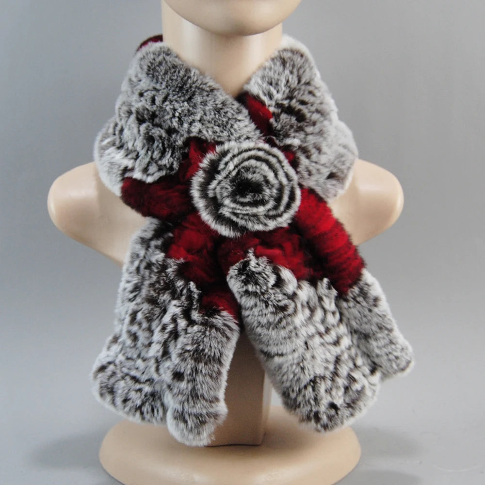 Hot Russian Women Knit Real Rex Rabbit Fur Scarf Lady Fashion Floral Rex Rabbit Fur Mufflers Hot Winter Warm Natural Fur Scarves