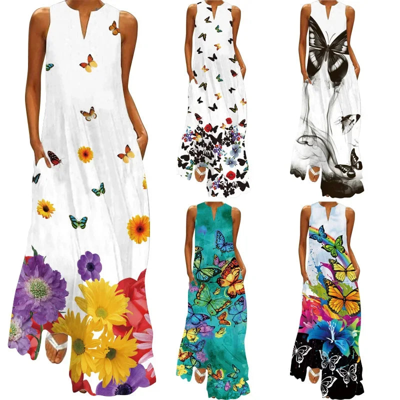 Fashionable V-Neck Sleeveless Long Digital Print Dress with Pocket Summer Sexy XL Women's Clothing Loose Waist Ankle-Length