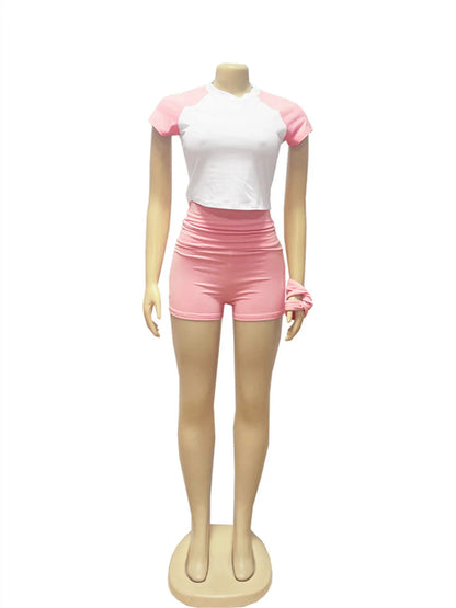 Weird  Puss Sporty Patchwork 3 Piece Set Women Casual Summer Headband+Crop Top+High Waist Bike Shorts Street Matching Tracksuit