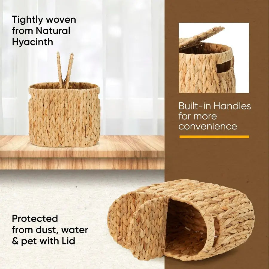 Paper Basket with Lid, Woven Natural Water Hyacinth Toilet Paper Storage, Papers Container for 4 Mega Rolls, Storage Holder with