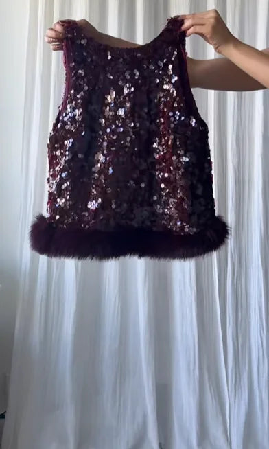 Chic Sequin Sleeveless Top Pants Set Women Faux Fur Patchwork Tops High Waist Straight Trousers Sets Lady Party Street Outfits