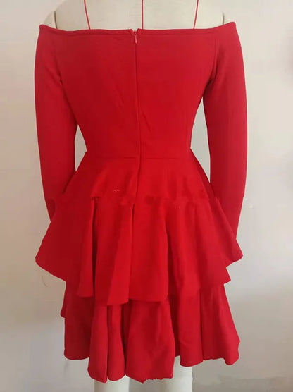 BKLD Autumn Clothes 2025 Solid Color Long Sleeve Sexy Clubwear V-Neck Off The Shoulder Evening Party Dress Red Dresses For Woman