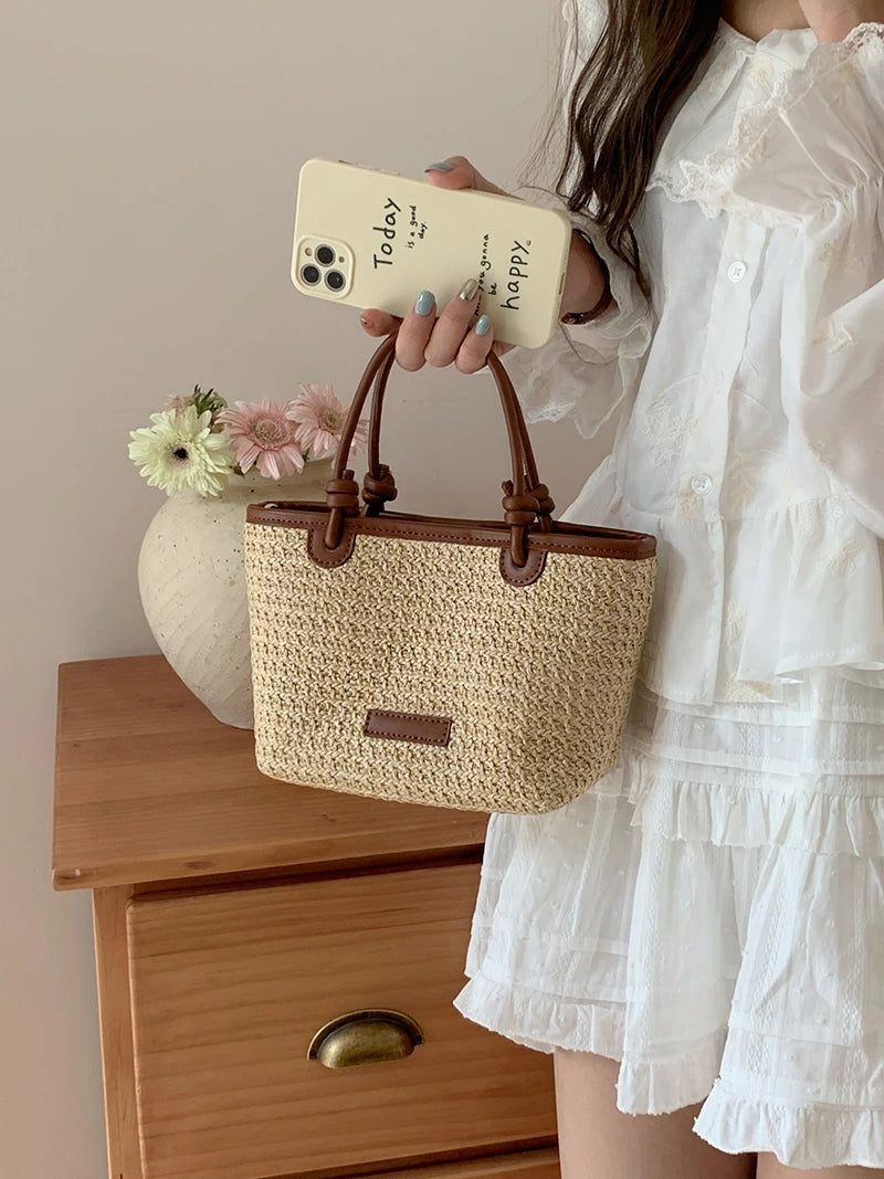 Summer Vacation Women's Beach Straw Shoulder Bag Retro Design Ladies Portable Crossbody Bags Knot Basket Woven Tote Handbags