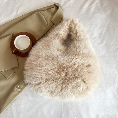 Winter Shoulder Bags Casual Furry for Women Solid Color Soft Plush Ladies Clutch Purse Handbags Lightweight Female Hobos Bag